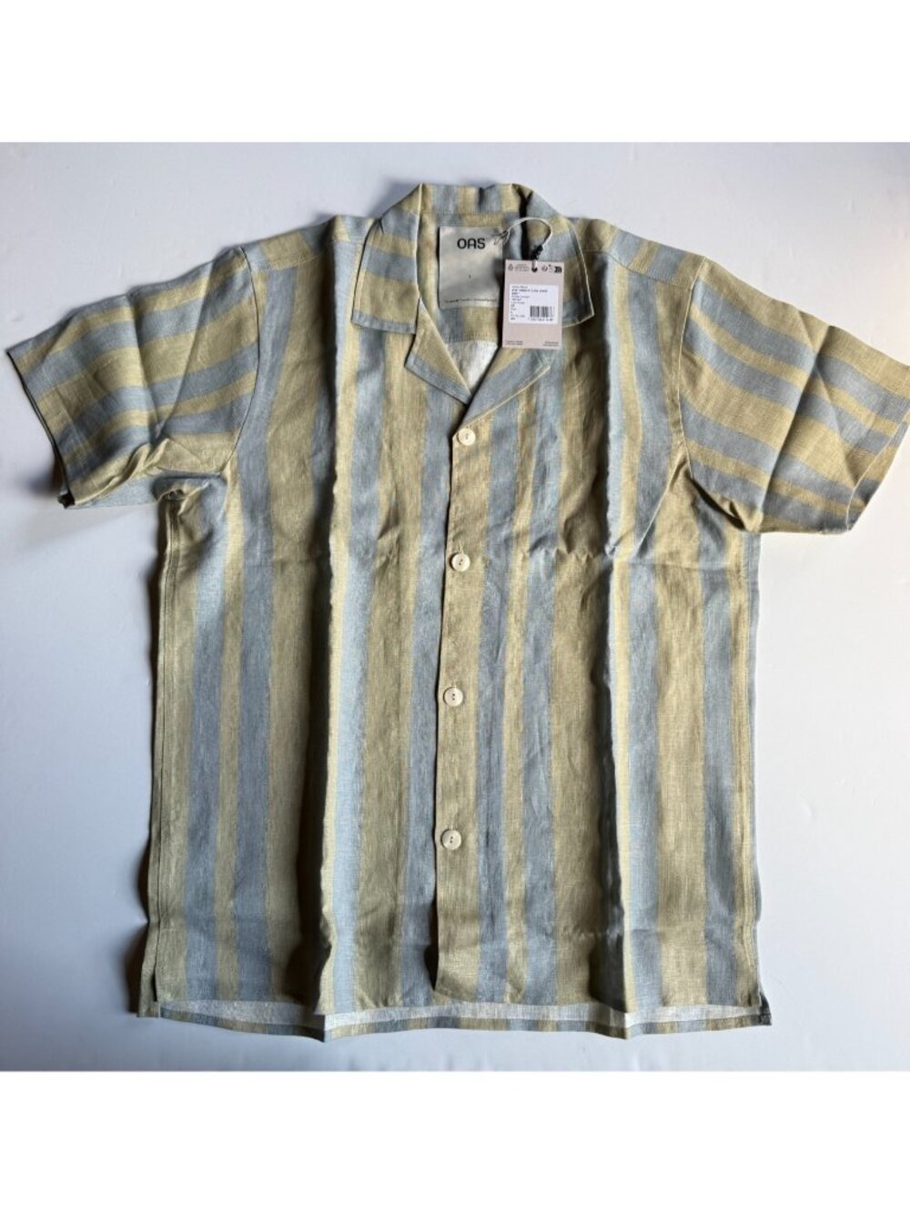 OAS Mist Strata Cuba Linen Shirt - Blue/ Green Stripe Camp Collar - Men's Large